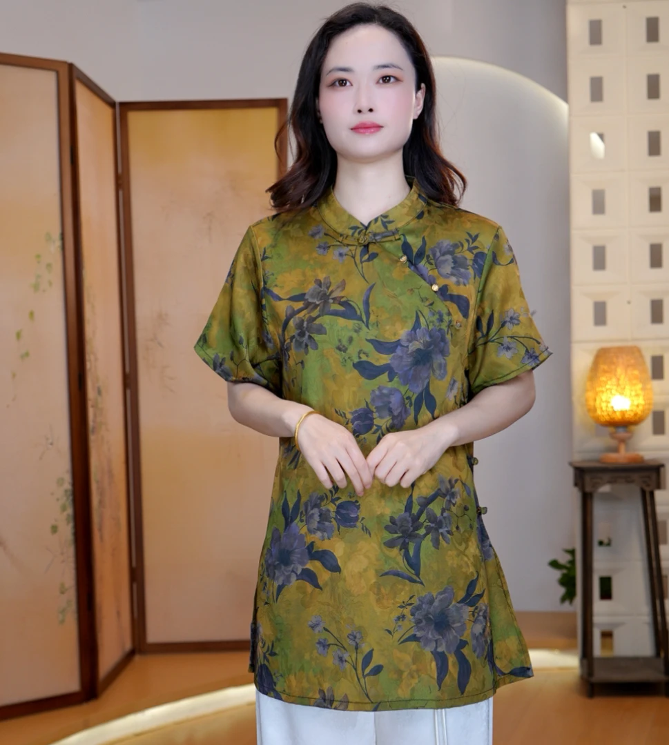 典雅黄斜襟立领中长奥黛新款夏季短袖小衫-13