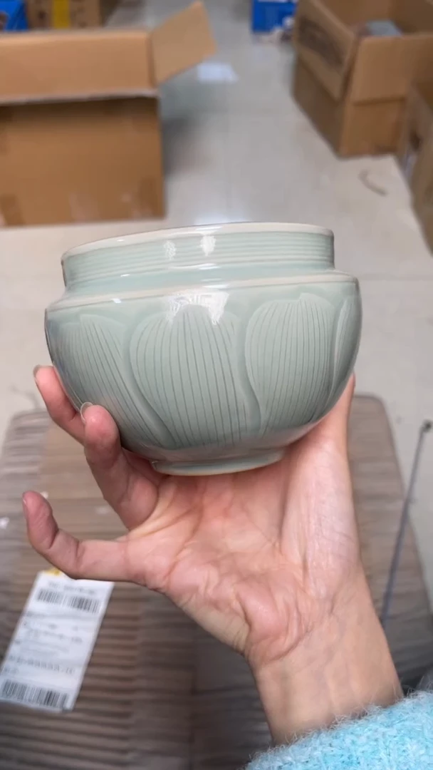 陶瓷纯手工天青色莲瓣建水