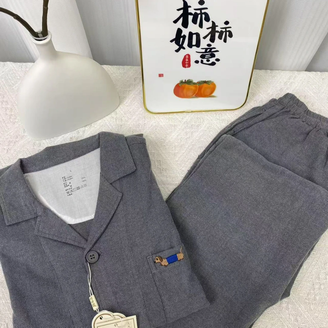 2025新款全棉法莱绒人字纹睡衣家居服男女套装情侣款