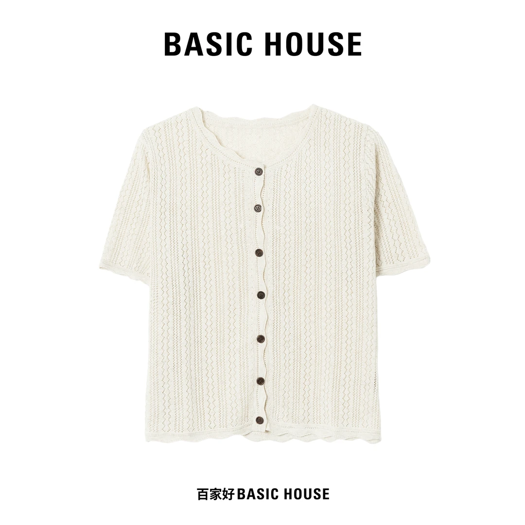 Basic House/百家好竖条纹蕾丝单排扣镂空百搭针织衫XX