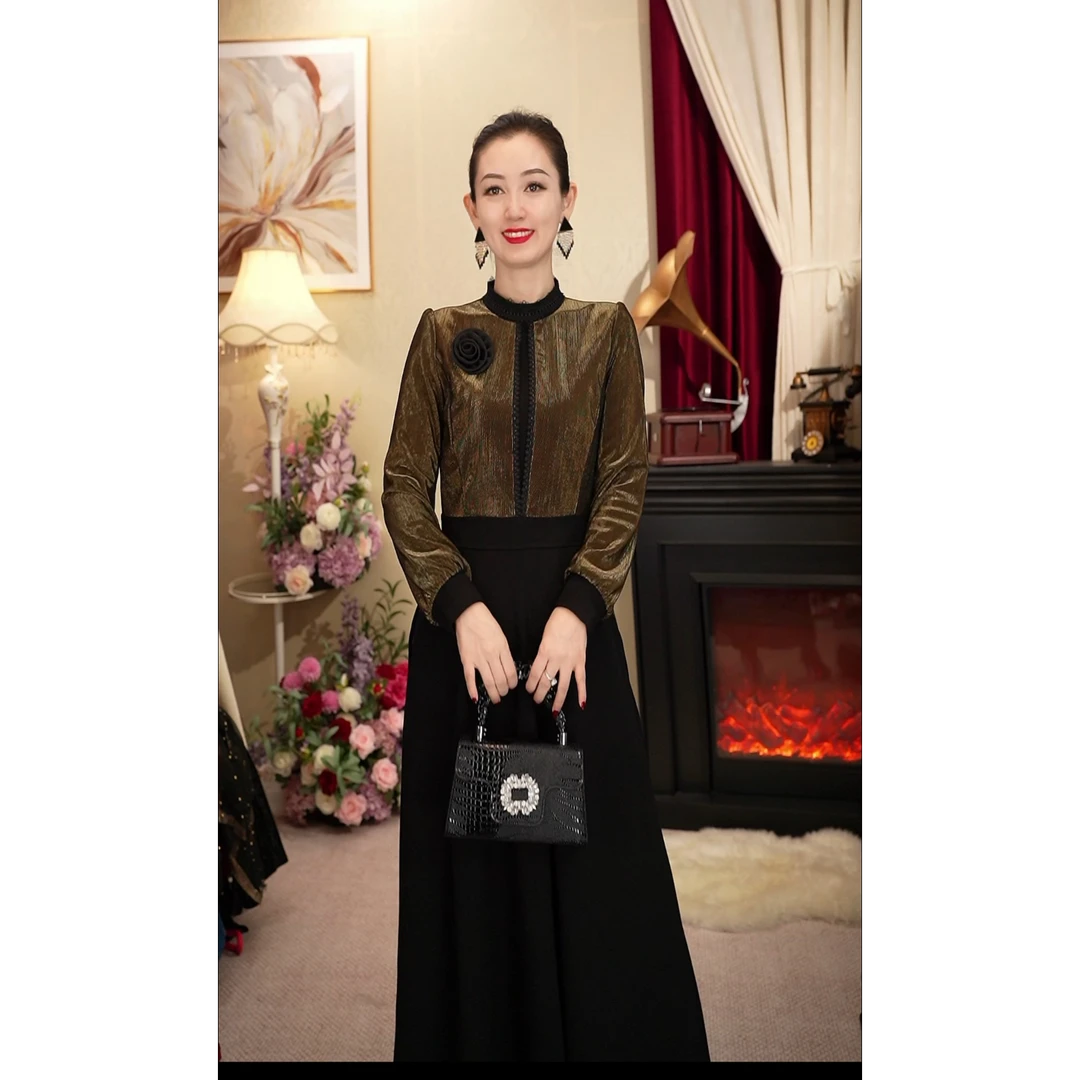 《丹尚爱》唐宫宴黑金撞色冬季保暖加绒加厚立领假两件女装连衣裙