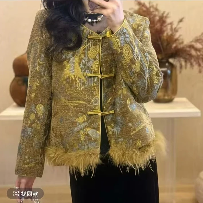 【蓝影】（正肩-鸵鸟毛）秋冬加棉新中式女士外套 复古高级感538