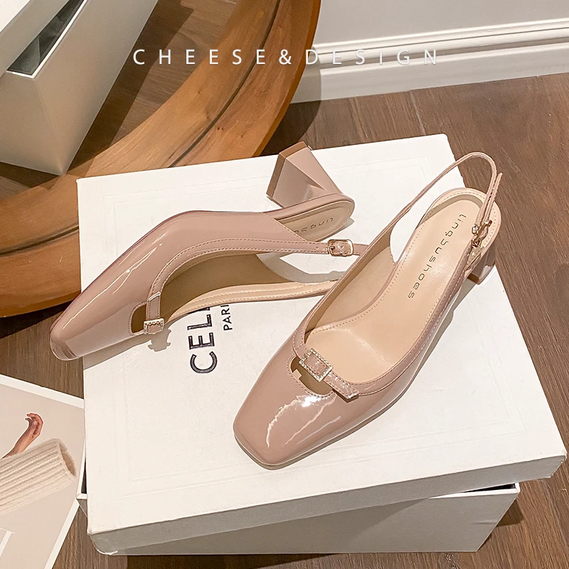 裸色高跟鞋女2025年新款夏季粗跟不累脚浅口百搭外穿包头凉鞋