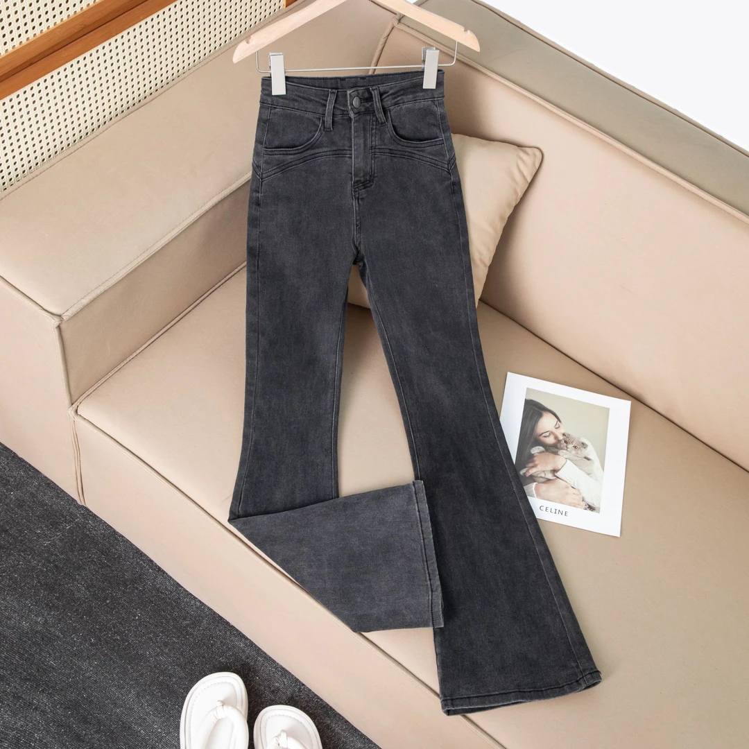 春季新款烟灰色高腰蜜桃臀紧身微喇牛仔裤女百搭显瘦搭喇叭裤加长