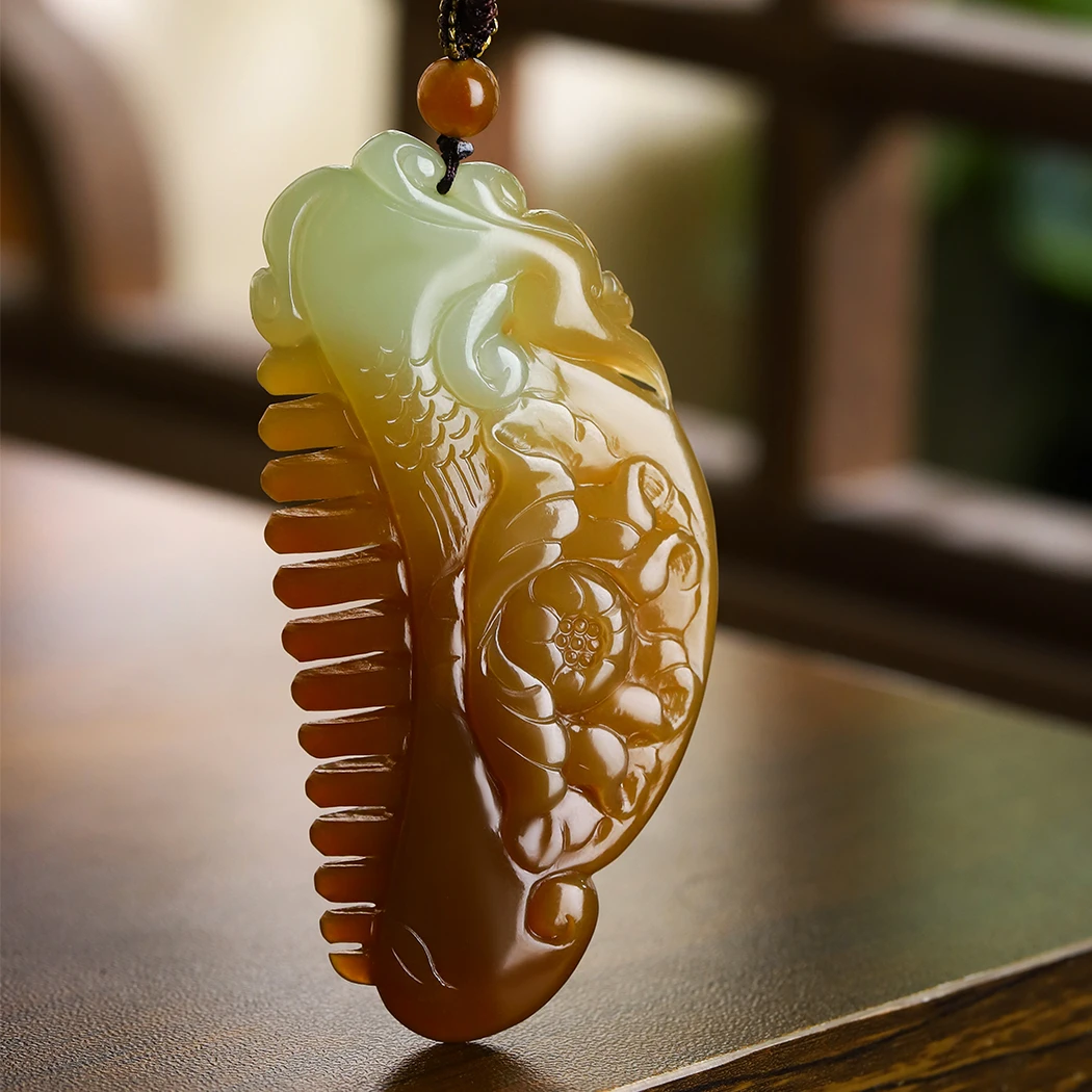 【孤品收藏】天然和田玉吊坠糖梳子一梳百顺新婚礼物凤凰小众珠宝女