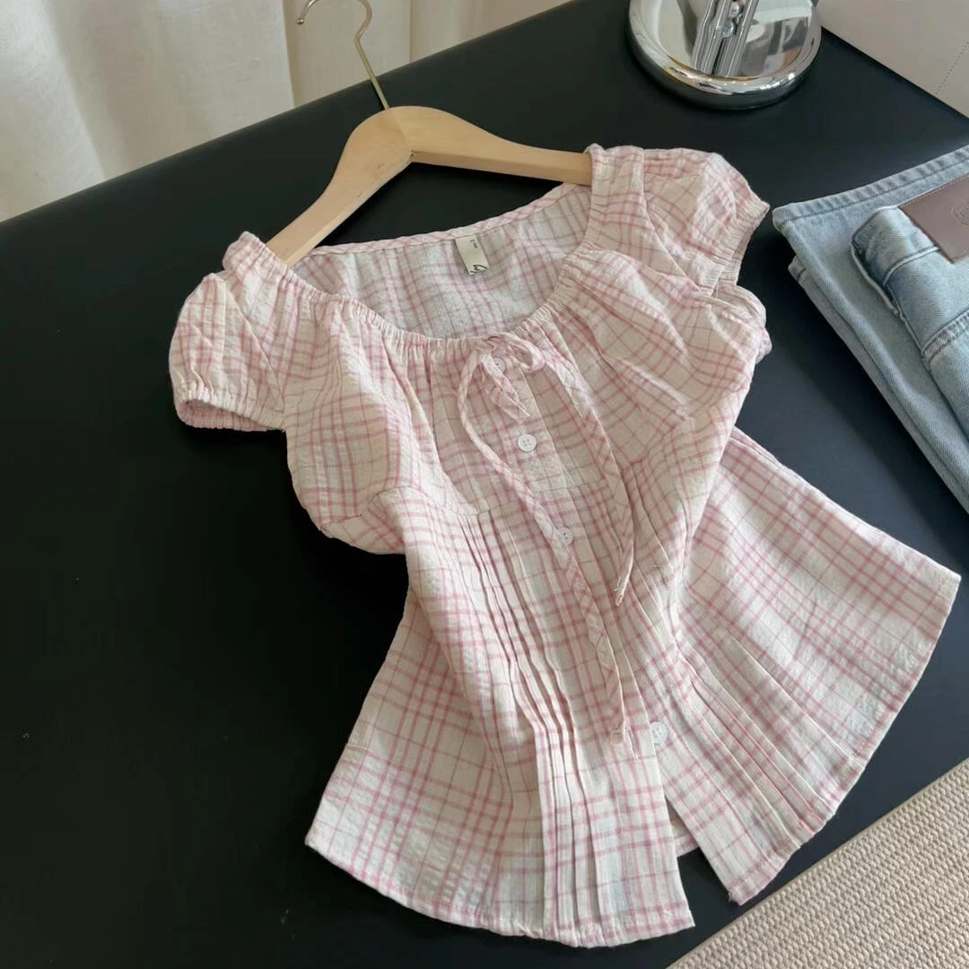 夏季新款韩系少女减龄洋气穿搭粉色格纹圆领系带修身显瘦衬衫上衣