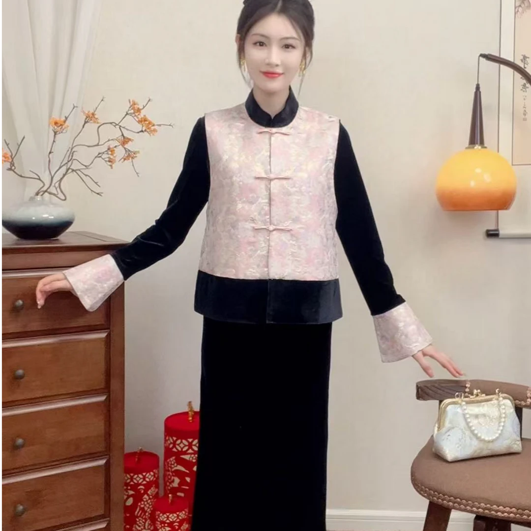 【今喜-忆江南】2025秋季新中式套装国风马甲丝绒上衣高腰半身裙
