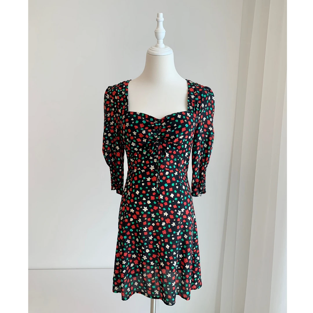 真丝短袖连衣裙印花裙子S-0073