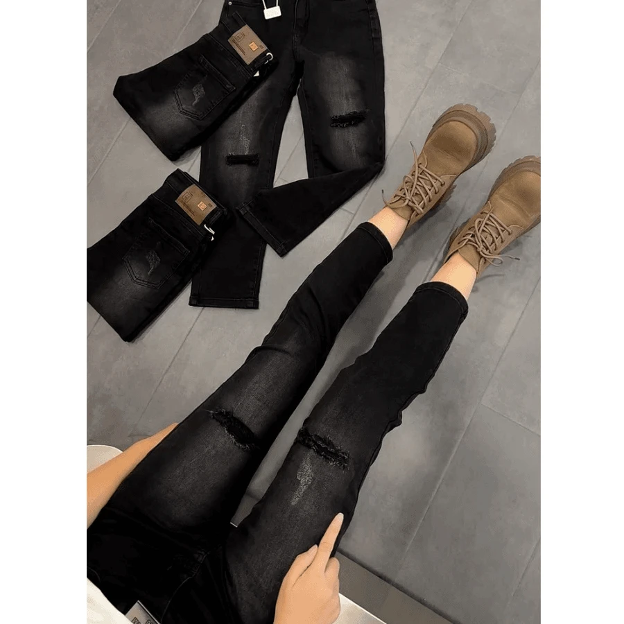 秋季黑灰色破洞牛仔裤女大码九分直筒烟管裤高腰弹力显瘦腿裤子