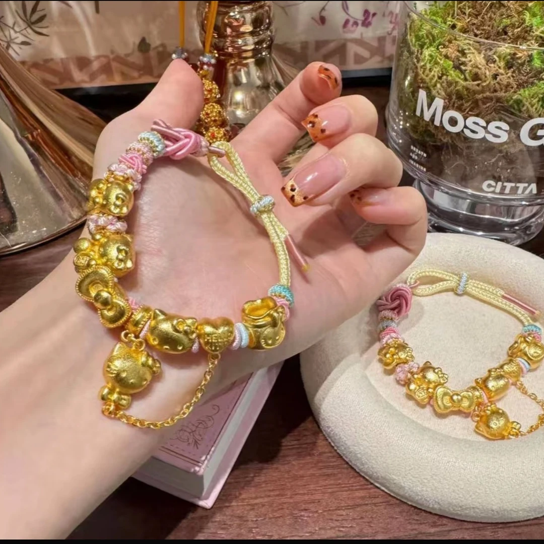 铜合金手链 古法kitty猫编织绳子手链五个可爱猫猫镀金手链编织