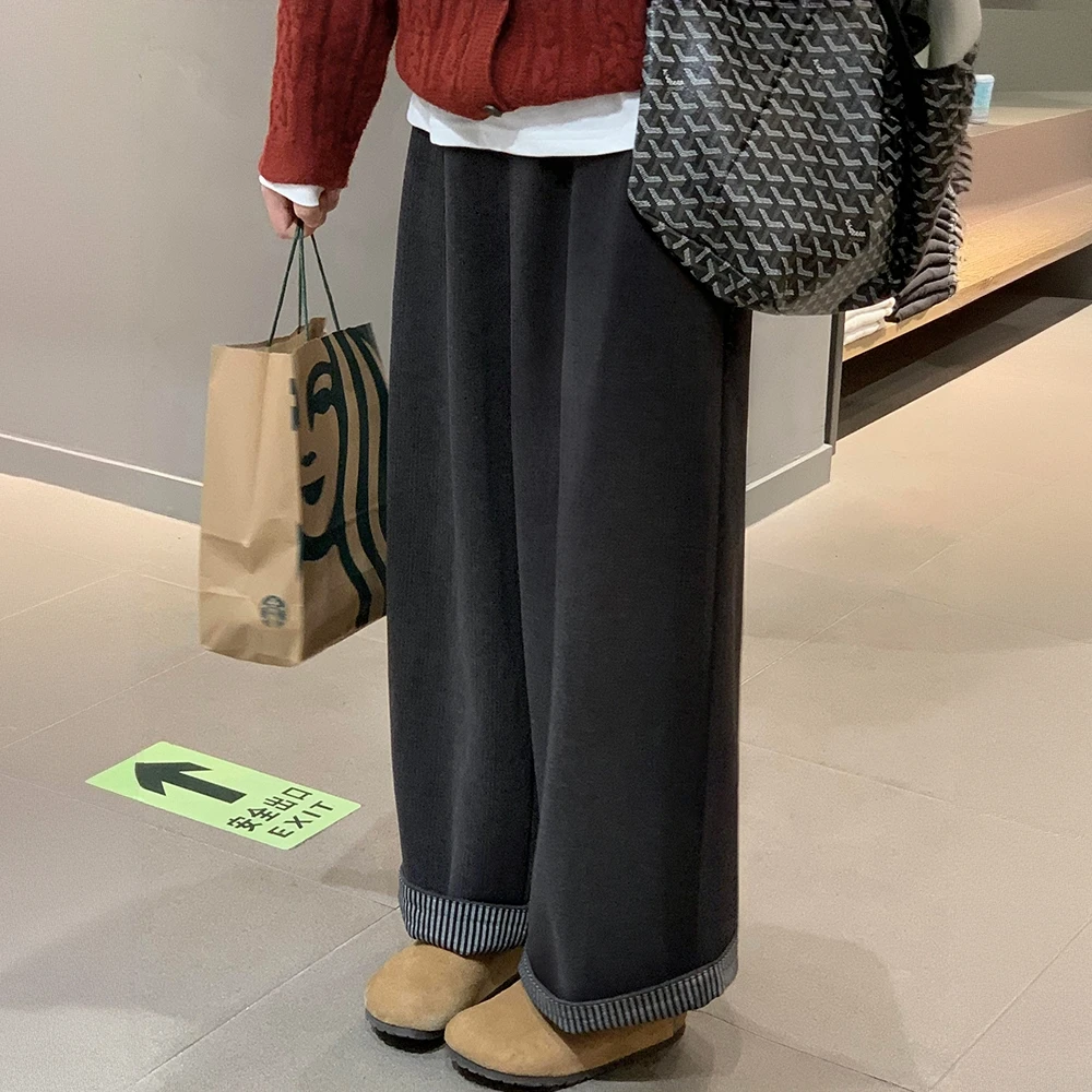 复古灰色卷边格纹高腰休闲裤女秋季新款宽松百搭显瘦直筒阔腿裤子