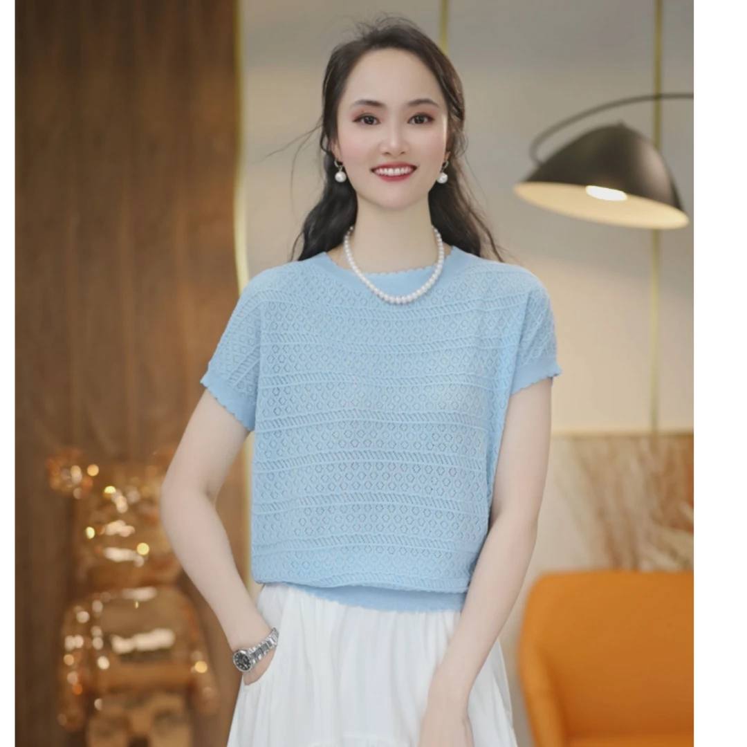 轻薄~透气（天丝+桑蚕丝）夏季设计感圆领套头纯色镂空气质上衣6029