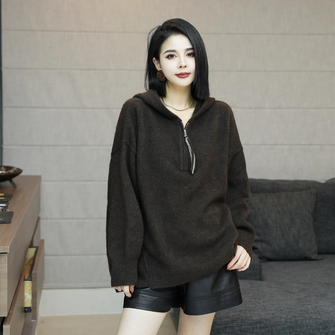 POPULARYW【叶知秋】Z·R上品屋 慵懒风拉链连帽宽松休闲毛衣