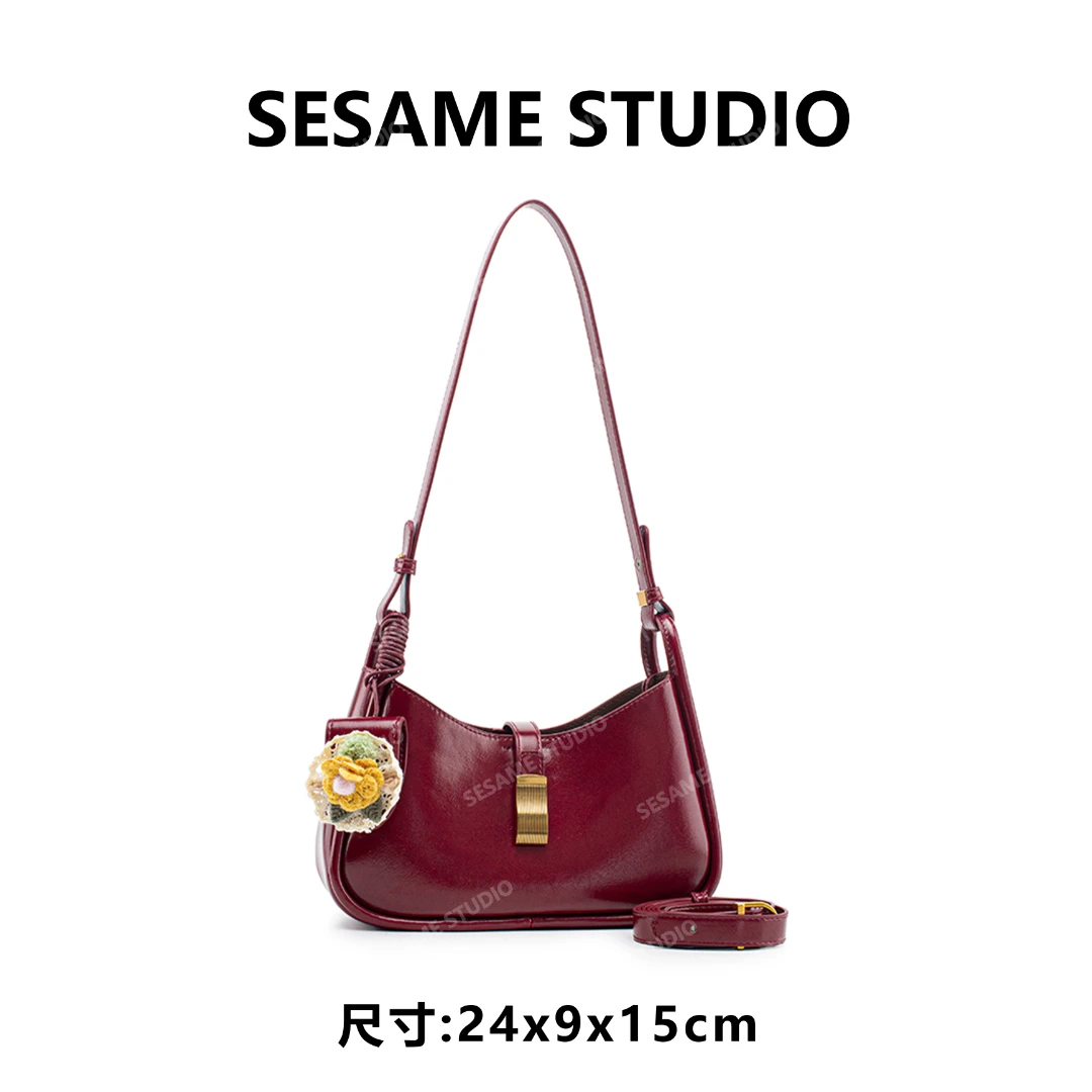 【芝麻集】QYX-81773-波尔多红休闲时尚百搭腋下女包