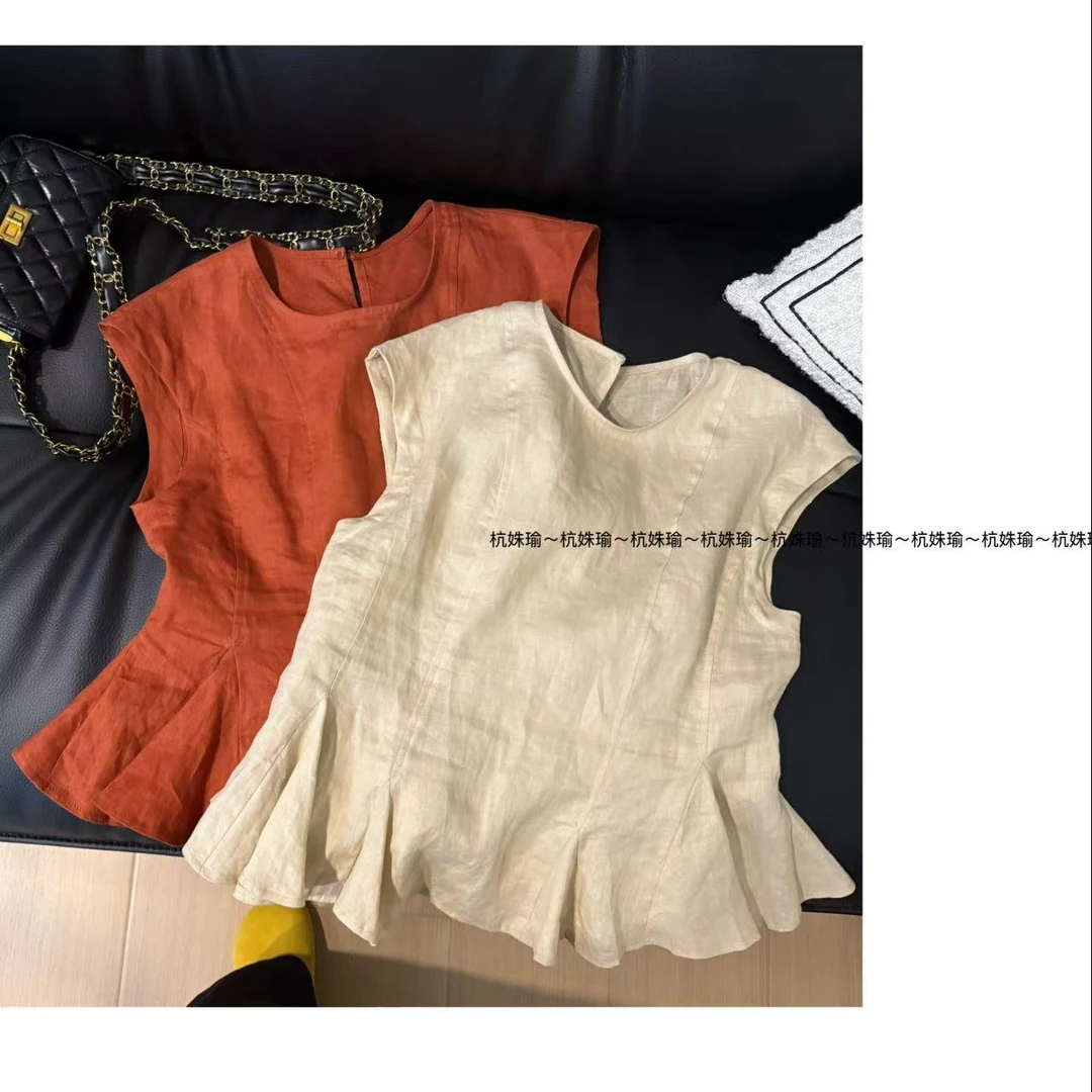 8339【小荷】诗诗家2025夏季100亚麻设计感荷叶边高定百搭上衣t恤