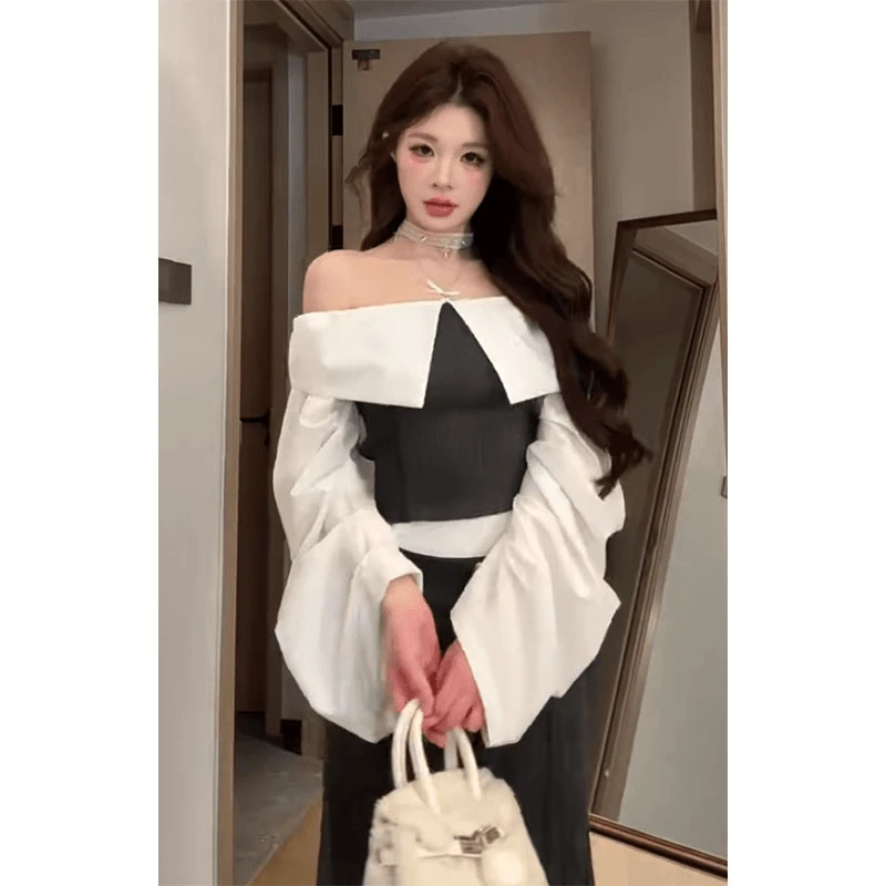 MARIE.COCO时尚露肩一字肩设计感衬衫夏季长袖修身显瘦宽松拖地裤