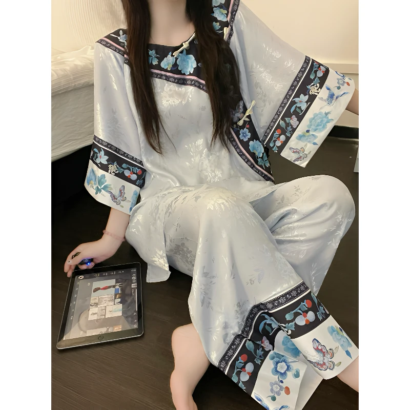 新中式冰丝睡衣女夏款新款国风温婉复古短袖长裤家居服可外穿套装