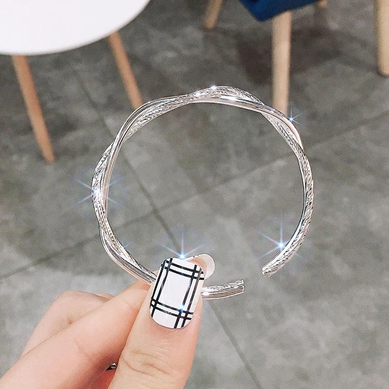 足银手镯  足银s9999 双线麻花开口手镯