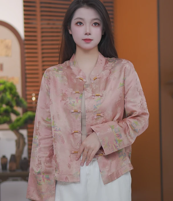 香云纱薄款常规款立领花纹桑蚕丝长袖上衣提花短款中国风
