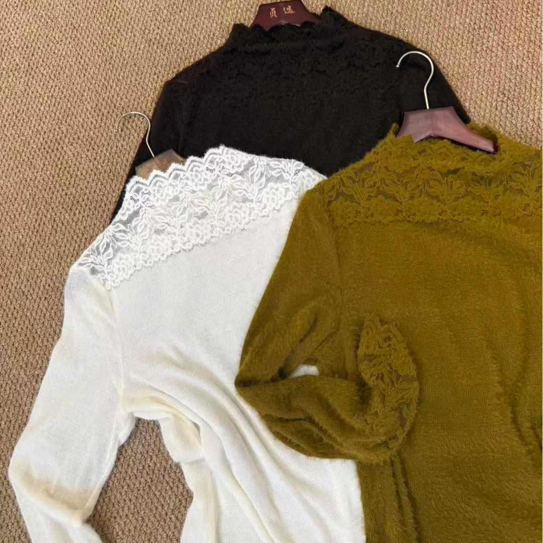 50868-长袖宽松型T恤半高领常规蕾丝打底衫女士修身镂空网红