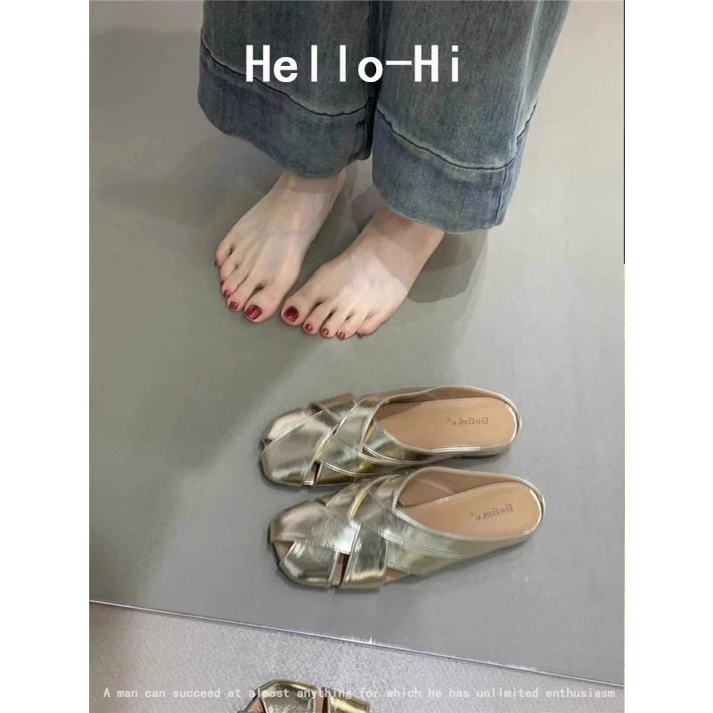羊皮版！小众复古编织包头半拖鞋女夏季外穿平底内增高罗马凉拖鞋