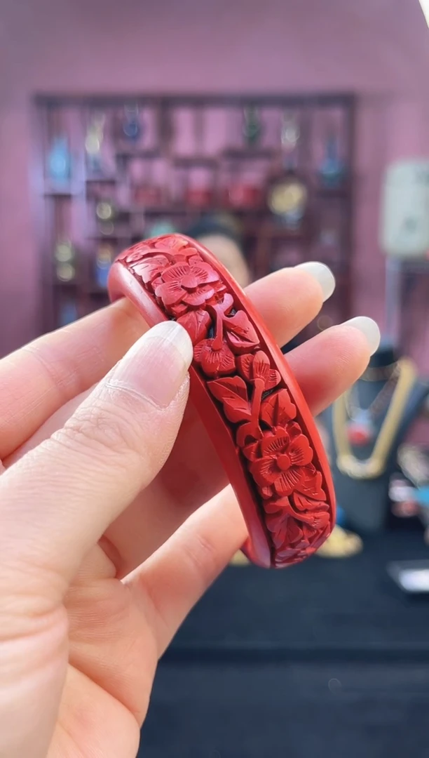 非遗 雕漆手镯 红黑 花卉 59