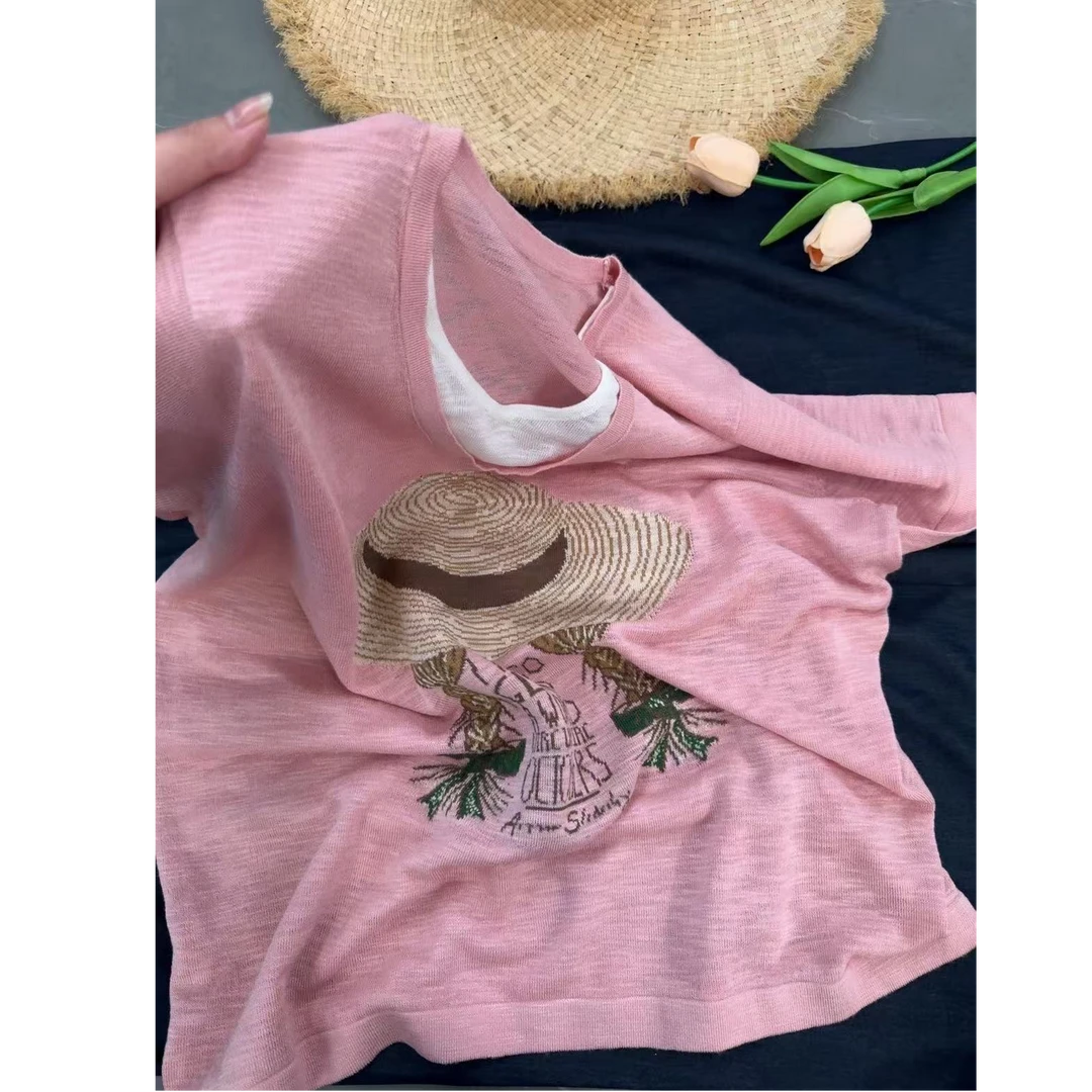 「草帽」超凉爽~夏季竹节亚麻简约撞色假两件短袖针织印花上衣-2703