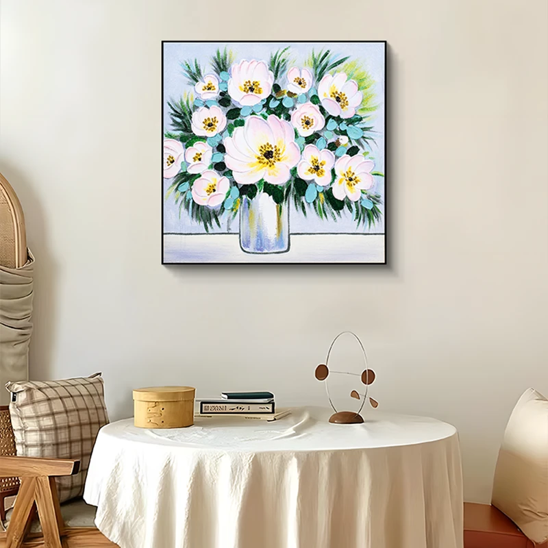 手绘花卉油画装饰画 法式客厅挂画玄关立体肌理简约壁画花瓶8080