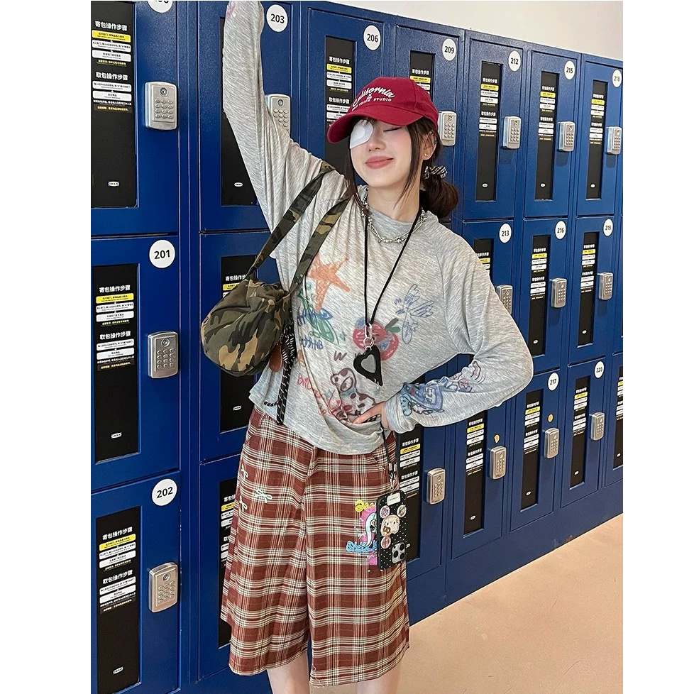 美式涂鸦复古印花长袖T恤防晒罩衫女夏季设计感慵懒风宽松上衣潮