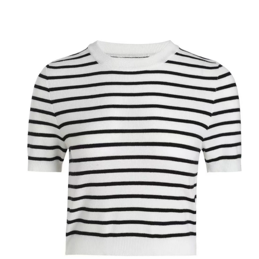 0086条纹短袖时尚百搭夏季修身黑白圆领套头撞色