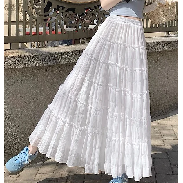 法式慵懒感白色蛋糕裙白色a字裙半身裙女夏季新款百搭薄款中长裙