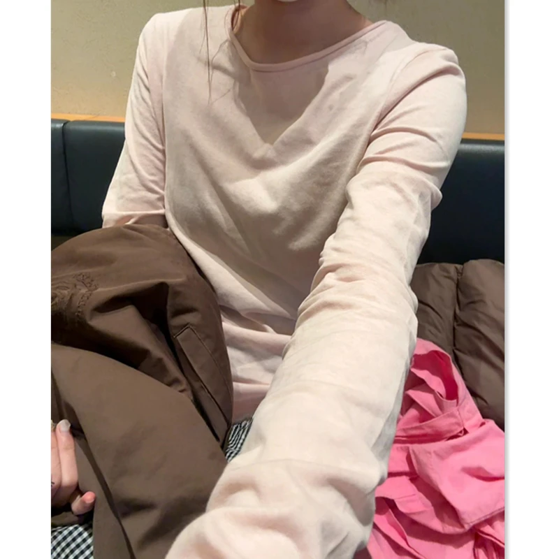 雪花棉卷边T恤女春秋修身显瘦内搭打底正肩长袖上衣夏季防晒罩衫