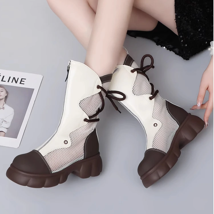 厚底网纱透气马丁靴女款中筒网靴2025春夏新款英伦风软底镂空凉靴
