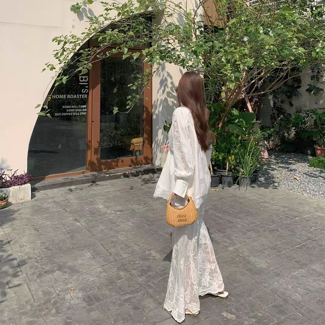 冷淡系气质优雅套装白色蕾丝拼接衬衫+蕾丝半裙套装 8043