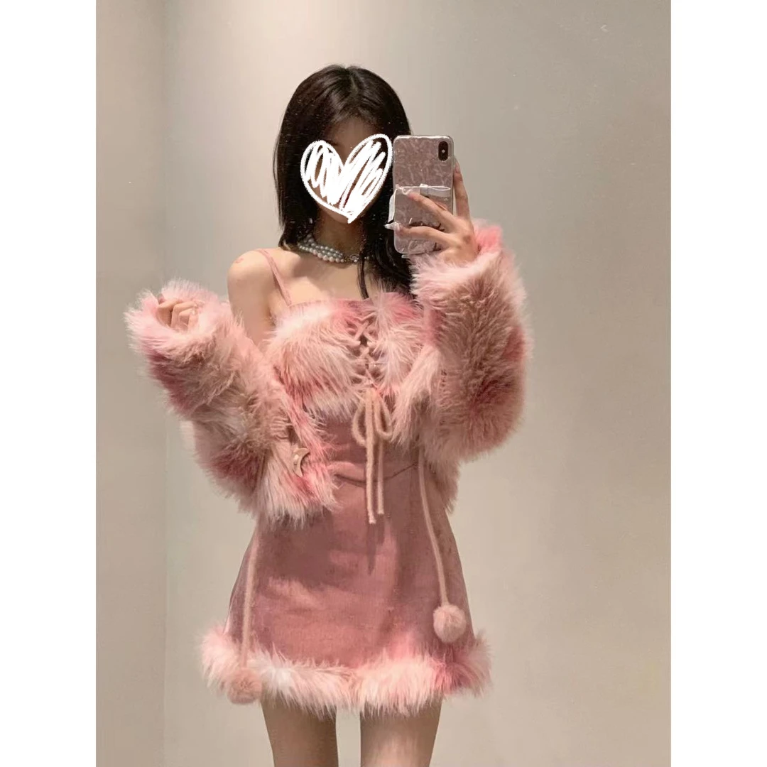 财阀少女粉色纯欲毛毛外套套装女复古收腰鱼骨裙子百搭两件套