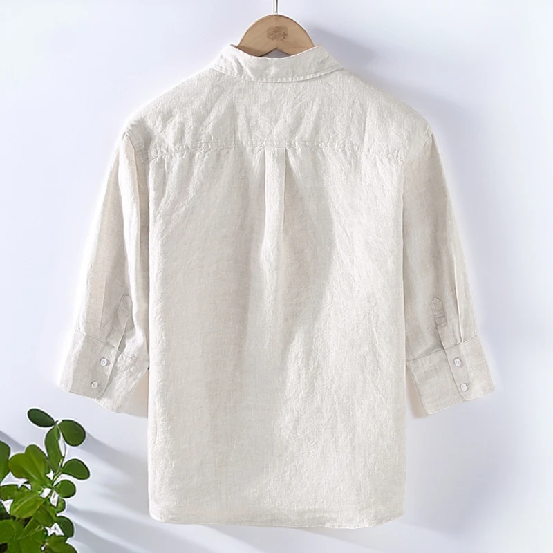 男士亚麻料短袖衬衫夏士棉麻七分中袖衬衣2025新款小清新简约上衣
