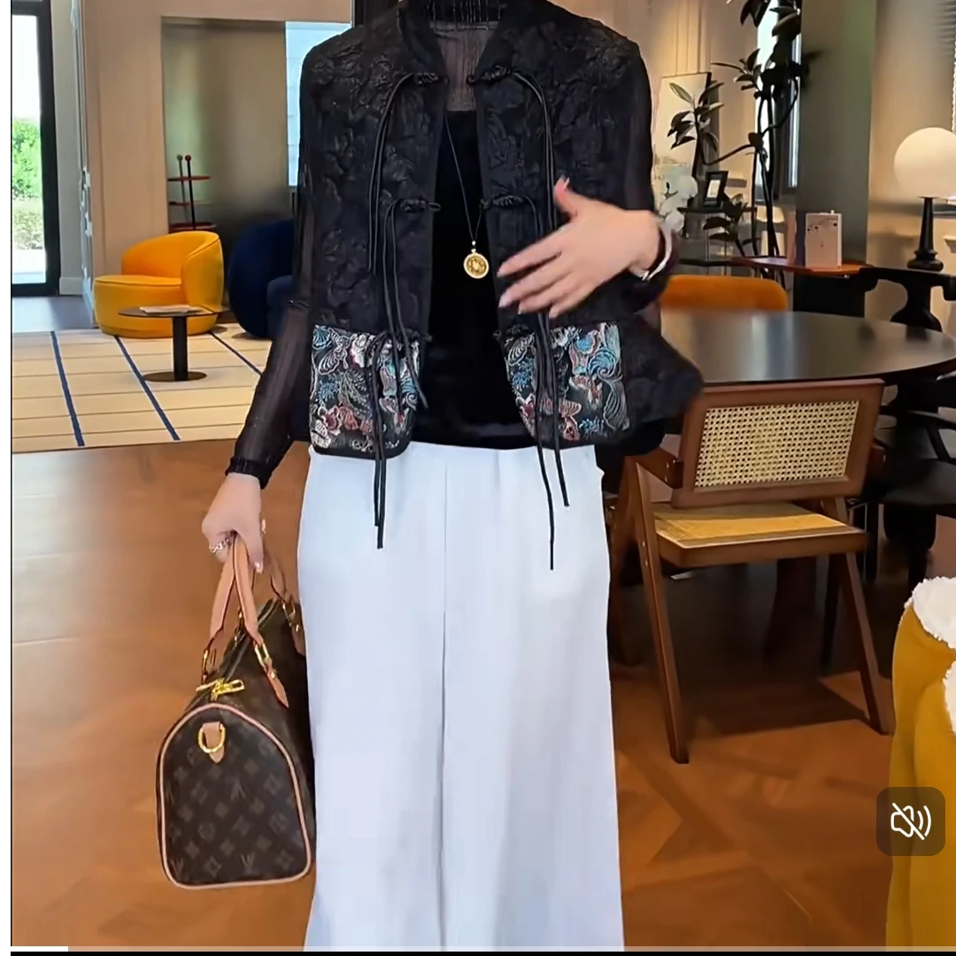 提花常规立领拼接宽松型薄款民族风单排扣马夹女  0019