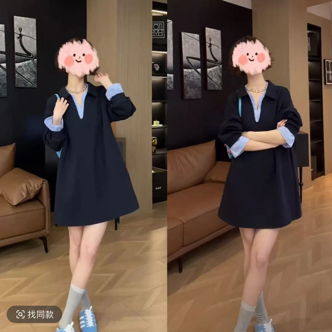 早春新款气质时尚显瘦设计款假两件宽松拼接条纹针织休闲连衣裙女