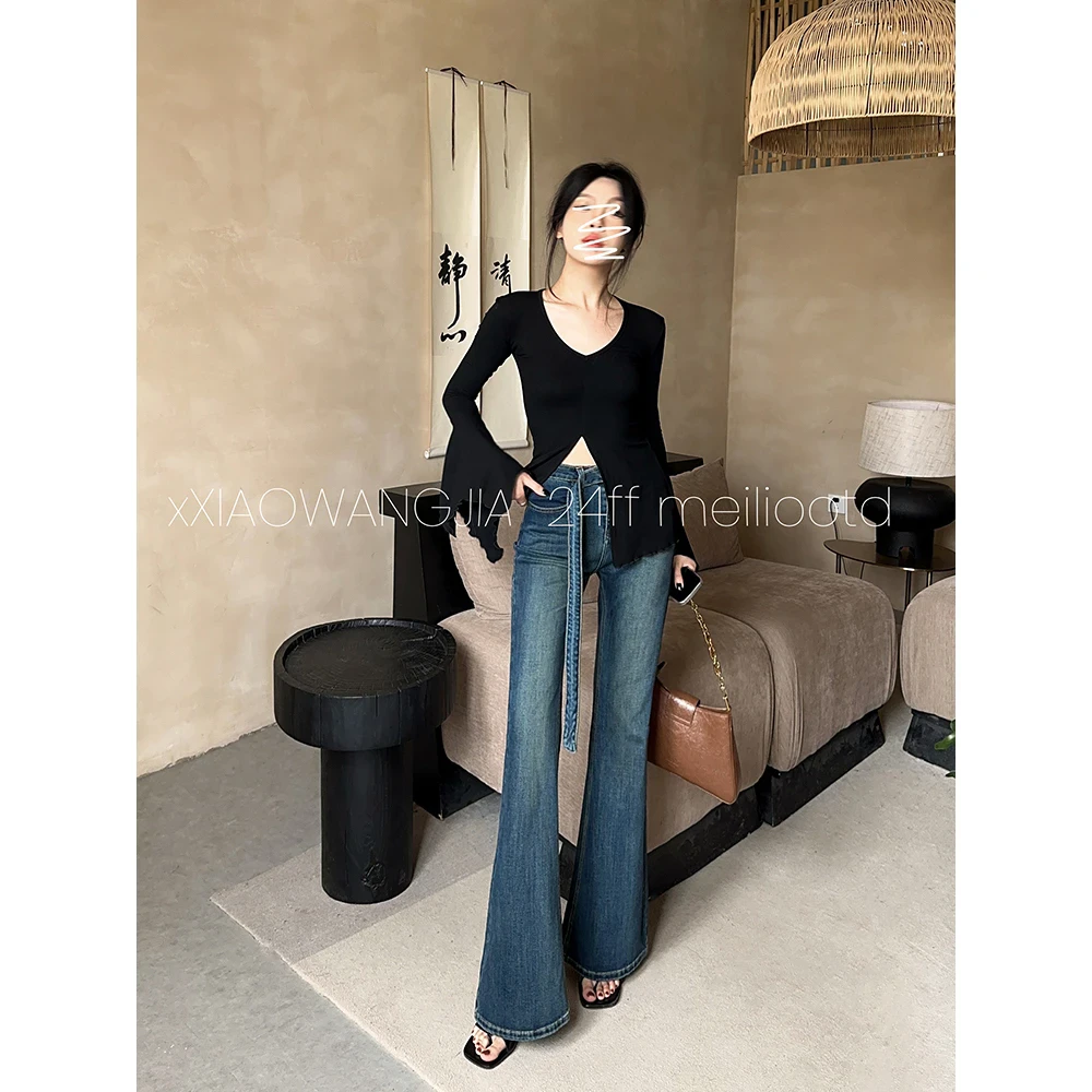 复古修身设计感女装牛仔裤2025春夏新款喇叭裤83109