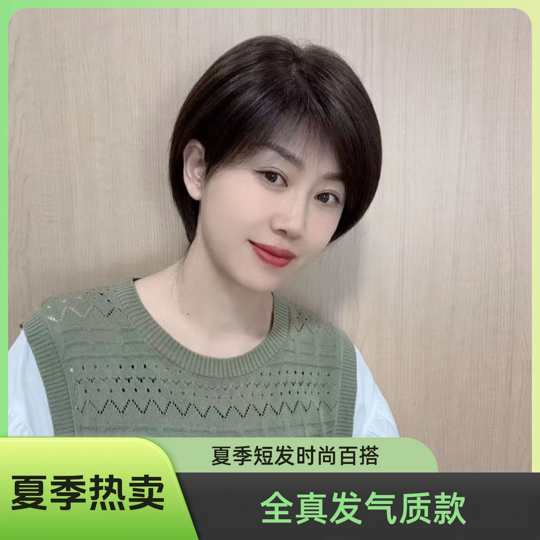 夏季轻盈透气全真发手织挂耳短发双递针头套D20