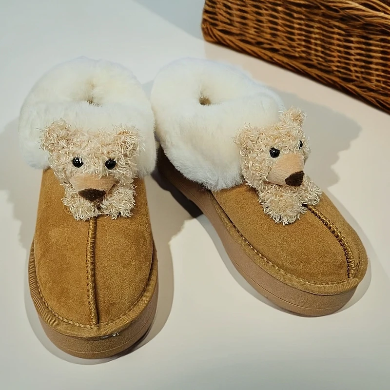 冬季可爱风小熊款女真皮加厚保暖雪地靴