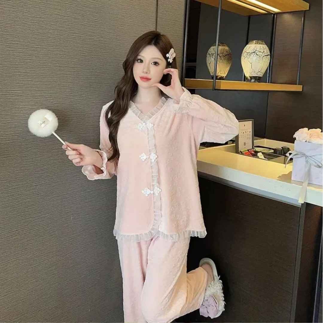 海岛绒长袖睡衣女套装2024冬季加厚保暖小香风女士家居服H8024