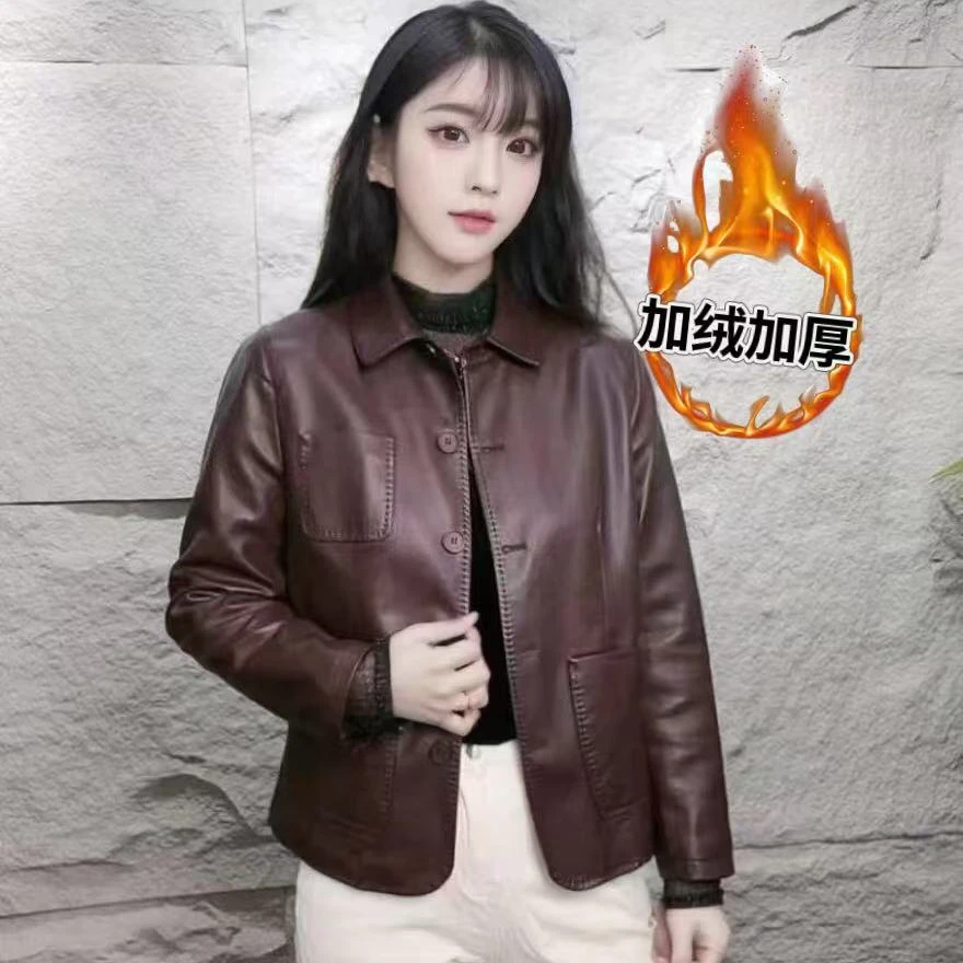 【加绒保暖】海宁正品2024秋冬加绒加厚时尚翻领气质皮衣外套女（08）