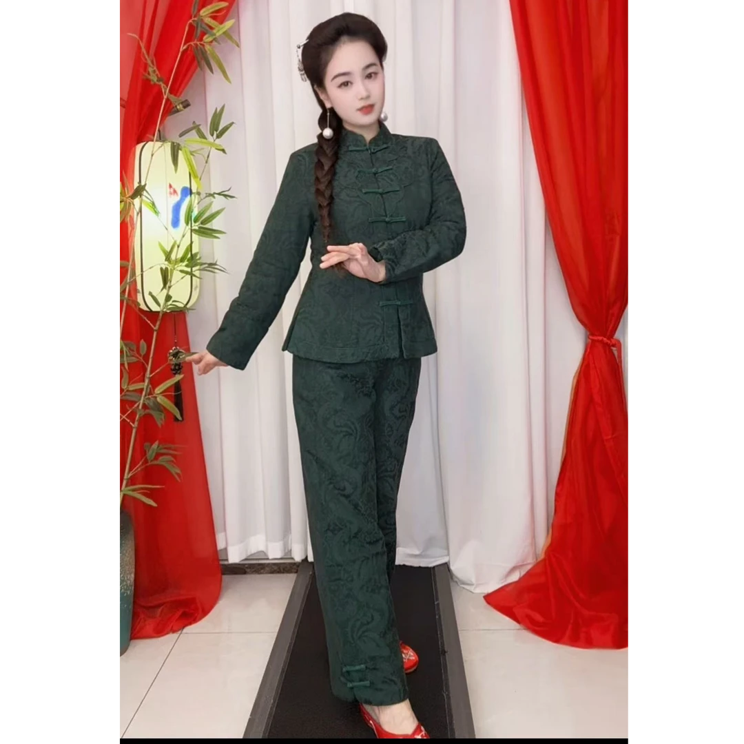 女士中国风加绒加厚棉服新中式长袖保暖日常棉衣棉裤