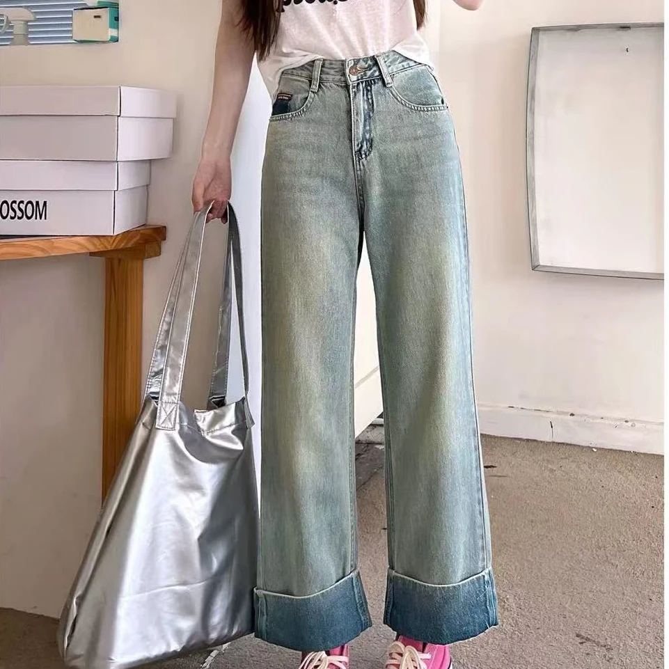 直筒牛仔裤女春季新款高腰设计感卷边窄版阔腿裤#7327