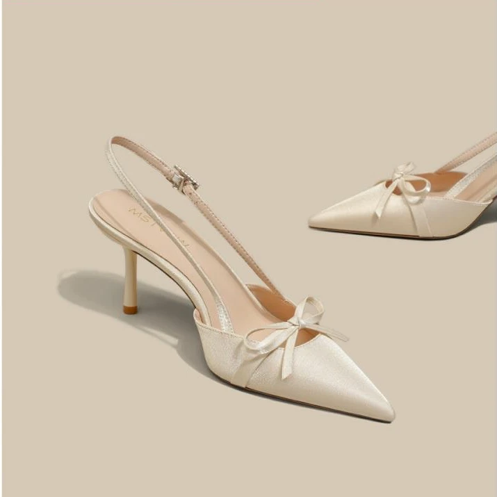 香槟色蝴蝶结绝美高跟鞋女细跟法式新款尖头单鞋气质宴会包头凉鞋