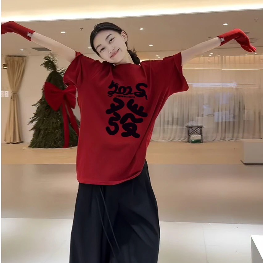2025春夏宽松显瘦发财字母印花纯棉短袖t恤女新年红色上衣