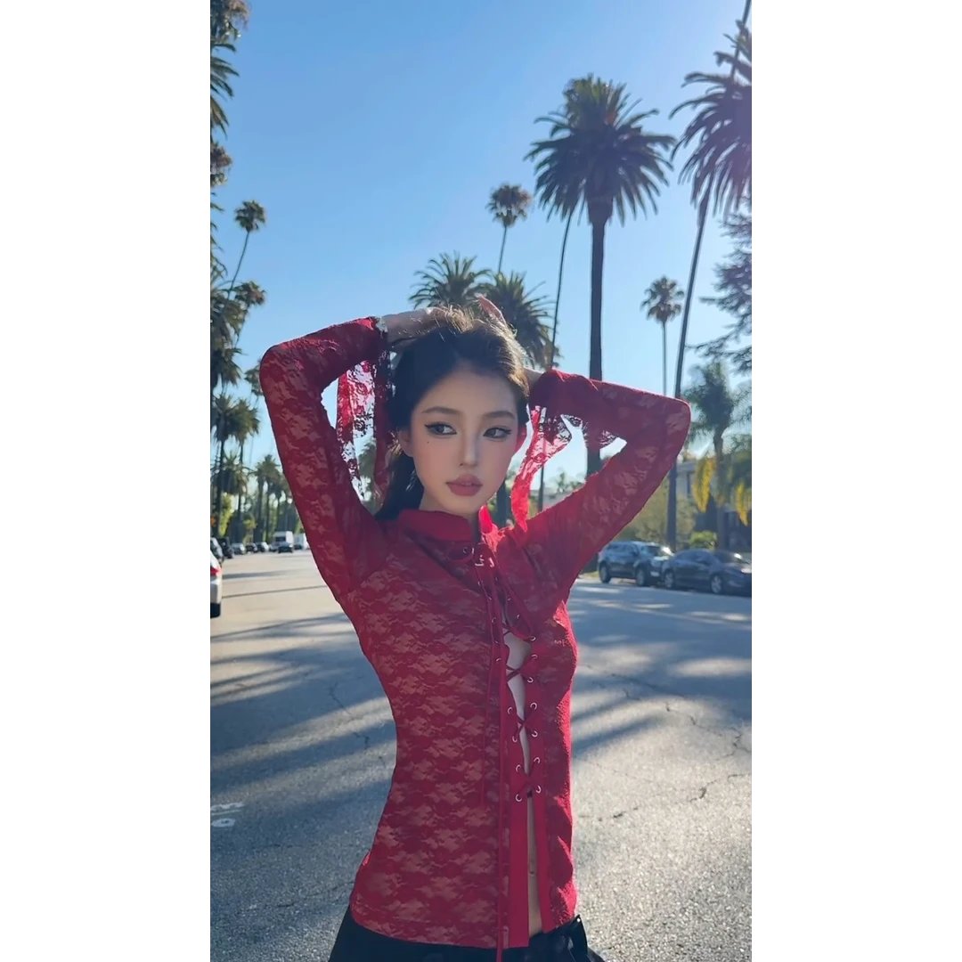 parkyeon明媚性感辣妹风长袖上衣女早秋不装款设计感绑带蕾丝衫