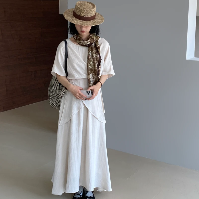 2025气质不规则系带亚麻衬衫+高腰半身裙两件套女复古显瘦宽松