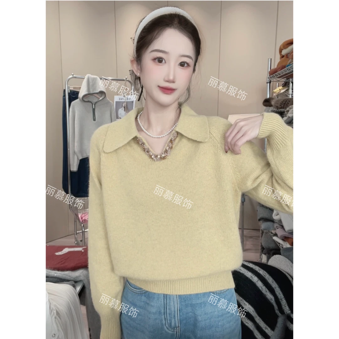 【剪刀花边V领】纯色亮片花边V领插肩袖洋气针织套头衫1180